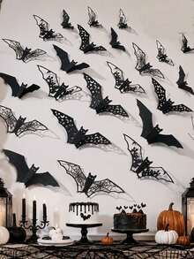 12/24 piezas Pegatinas de pared 3D huecas de murciélagos negros, 4 estilos de telaraña, luna, estrella y patrón de casa embrujada, calcomanías de pared 3D de murciélagos, decoración gótica de terror para fiesta de Halloween, adecuado para ventanas del hogar, chimenea, puerta, decoración de pared interior/exterior DIY - multicolor - Ver 2