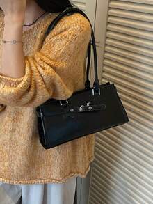 Bolso de hombro tipo baguette largo con hebilla de metal con cordones, bolso de mano minimalista para ir al trabajo - Multicolor - Ver 4