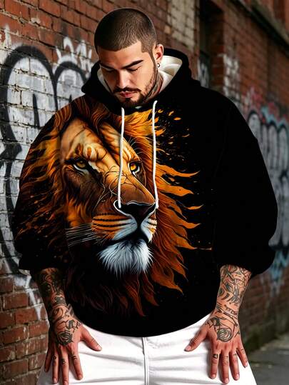 Men's Plus Size Casual Hoodie Sweatshirt, Polyester Knit Fabric, Comfortable And Breathable, Fashionable Casual Cute Funny "Blazing Mane Lion" Graphic, Streetwear Loose Fit Top, Unique Novel Fresh Series