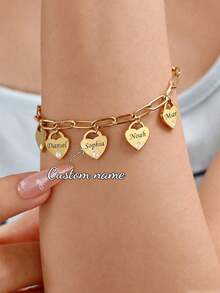 Personalized Heart Shaped Name Bracelet Custom Engraved Stainless Steel 1-5 Multiple Names Square Wire Chain Pendant - Golden - View 1