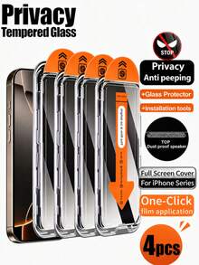 CASECOPS 4Pcs Tempered Glass Anti-Peep Privacy Screen Protector, With Automatic Mounting Tools And Automatic Alignment Tools, Compatible With IPhone 17 Pro Max/17 Pro/17 Air/17/16 Pro Max/16 Pro/16 Plus/16/15/14/13/12/11/Plus/X/XR/XS Max And More. High Quality 9H+ Hardness Tempered Glass, Anti-Scratch, Anti-Fingerprint, High-Quality Cell Phone Accessories - 4Pcs - View 1