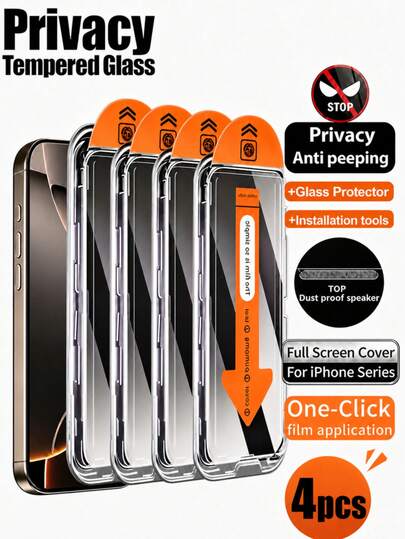 CASECOPS 4Pcs Tempered Glass Anti-Peep Privacy Screen Protector, With Automatic Mounting Tools And Automatic Alignment Tools, Compatible With IPhone 17 Pro Max/17 Pro/17 Air/17/16 Pro Max/16 Pro/16 Plus/16/15/14/13/12/11/Plus/X/XR/XS Max And More. High Quality 9H+ Hardness Tempered Glass, Anti-Scratch, Anti-Fingerprint, High-Quality Cell Phone Accessories