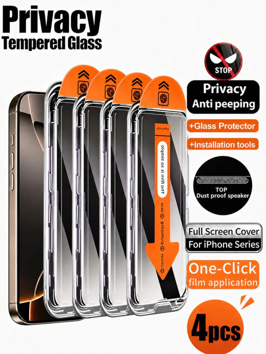 CASECOPS 4Pcs Tempered Glass Anti-Peep Privacy Screen Protector, With Automatic Mounting Tools And Automatic Alignment Tools, Compatible With IPhone 17 Pro Max/17 Pro/17 Air/17/16 Pro Max/16 Pro/16 Plus/16/15/14/13/12/11/Plus/X/XR/XS Max And More. High Quality 9H+ Hardness Tempered Glass, Anti-Scratch, Anti-Fingerprint, High-Quality Cell Phone Accessories - 4Pcs - View 1