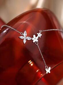 1pc Sweet Luxury Tassel Butterfly Flower Necklace Suitable For Women's Daily, Festival And Party Wear - Silver - View 5