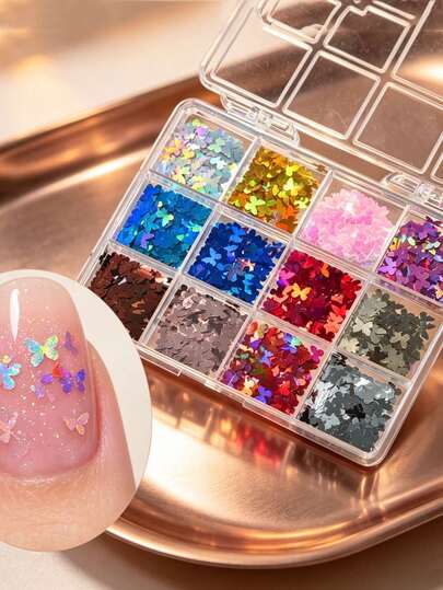 12 Grids 3mm Holographic Butterfly Nail Glitter Sequins, Colorful Laser Butterfly Flakes, 12 Colors Butterfly Nail Glitter Shiny Nail Art Sparkles, DIY Manicure Decorations For Acrylic & Press On Nails