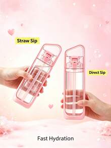 Kor Dual Use Water Bottle With Straw Portable Square Clear Water Cup Dual Drinking Modes Leakproof Travel Sports Drinking Bottle For Girls - 粉色 - 查看 2