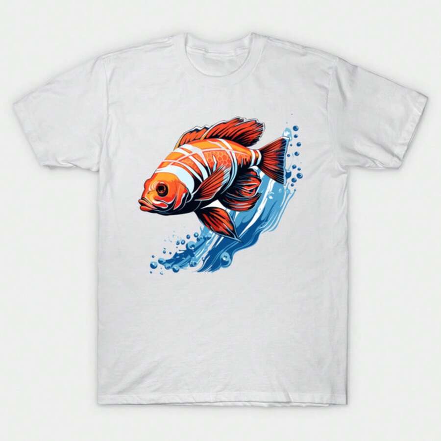 -Unisex Summer T-Shirt - Women's T-Shirt - Animal Background, Cute Fish Swimming In The Water With A Pleasant View T-Shirt - Y2K - Music Festival 4BDL - White - View 1