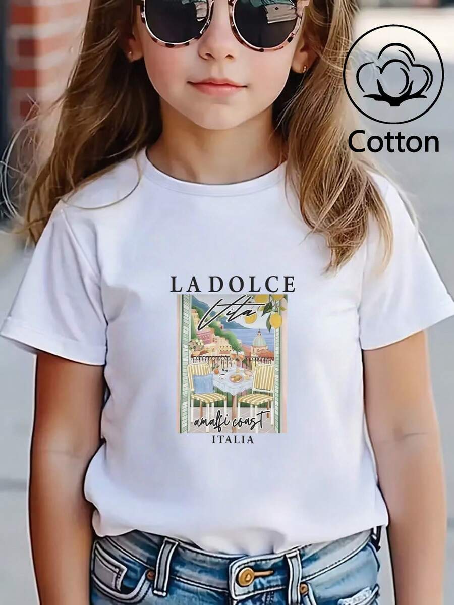 Girls' Summer Short-Sleeve T-Shirt, Fitted T-Shirt, Cotton Knit Fabric, Fashionable Street Style - White - View 1
