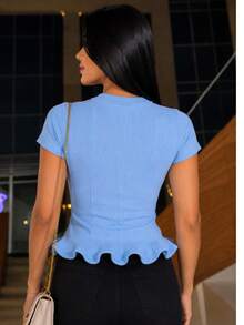 Women's Short-Sleeve Blouse, Crew Neck, Ruffled Hem, And Ribbed Finish. Flared Fit, Charming And Elegant. - Baby Blue - View 3