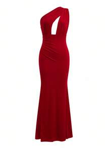 Elegant Red Mermaid Knit Long Formal Dress, Sleeveless Pleated High Slit Design, Suitable For Prom Or Special Occasions. Wedding Party Fall - Red - View 10