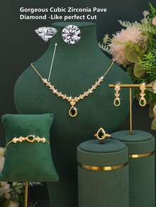 5pcs Handmade Inlaid Green Cubic Zirconia Elegant Exquisite Series Necklace Bracelet Earrings Ring Set Maple Leaf Design For Women Daily Wear Date Party Friend Gift - Waterdrop Design Green Diamond Set - View 4
