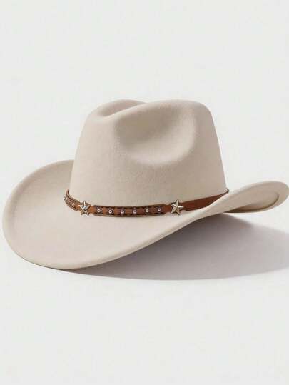 1pc Western Cowboy Hat, Soft Wool Felt Material, Leather Strap Decoration, Unisex, Suitable For School, Halloween, Holiday, Daily Casual Occasions
