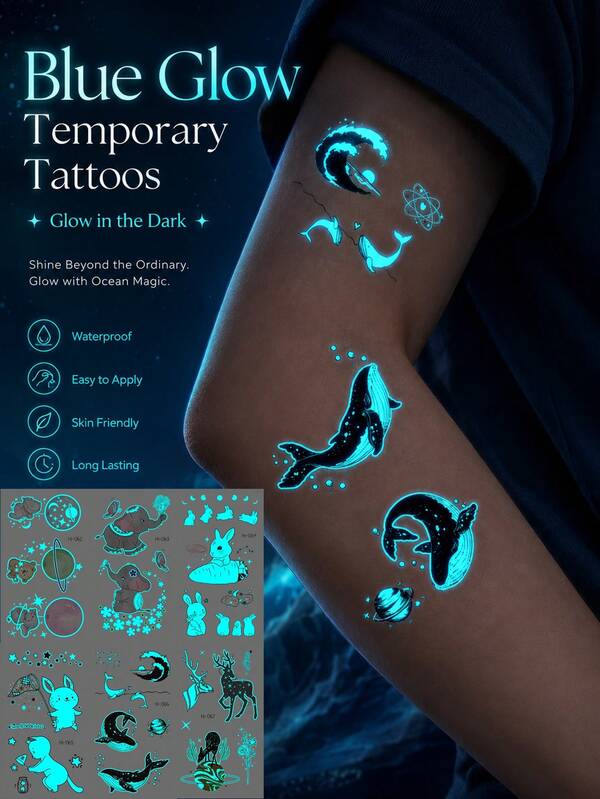 6pcs Fluorescent Temporary Tattoo Stickers, Halloween Applicable, Blue Glowing Ocean And Fantasy Animal Design, Including Whale, Deer, Planet, Rose And Star Patterns, Waterproof And Long-Lasting, Easy To Apply And Remove, Suitable For Halloween Party