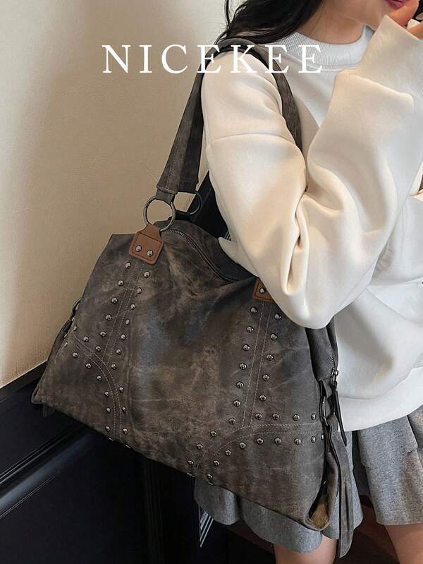 Nicekee Rivet Decorated Large Capacity Handbag, Retro Popular Shoulder Bag, Versatile Personalized Armpit Bag For Daily Use, Suitable For Commuting