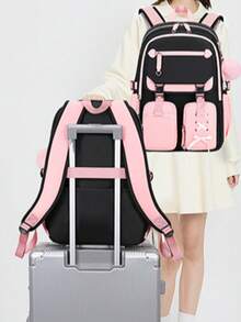 1pc Two-Tone Black-Pink Backpack With Bow Decoration, Waterproof And Ergonomic With Large Storage Capacity - Pink - View 3