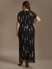EVERPRETTY Plus Size Elegant Luxury Sequin Embroidered Batwing Sleeve Slit Bodycon Dress Formal Evening Gown For Gala Party And Mother Of The Bride - Multicolor - View 4