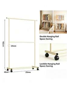 2-Tier/1 Tier Rolling Clothes Rack With Wheels, Large Capacity Double Rod Clothing Rack On Casters,Heavy Duty Metal Garment Rack With Bottom Storage Shelf, Freestanding Clothing Organizer For Bedroom Laundry Room,Easy Assembly - Multicolor - View 7