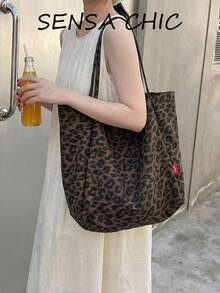 女款休閒托特手提包，豹紋設計，大容量內裡與舒適手柄，適合通勤、週末及日常穿搭 - 棕色 - 查看 4