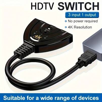 4K HDTV 分配器 3進1出，3埠 HDTV 切換器選擇器附尾端線，支援全 HDTV 4K 1080P 3D 播放器，HDTV 集線器相容於 Fire Stick、HDTV、遊戲主機、PC