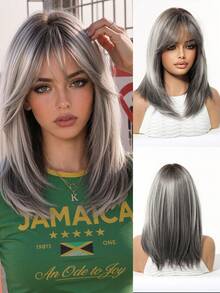 Topshe Ava WIGS 18英吋黑棕色長層次瀏海假髮，柔軟易打理合成纖維髮，適合女性日常配戴、上班、度假，亦適合作為萬聖節、聖誕節女性禮物 - 灰色 - 查看 3