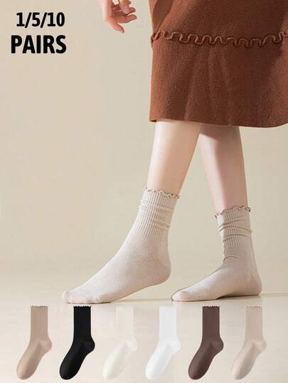 1/5/10 Pairs Fall Women Ruffle Cuff Slouch Crew Socks, Ribbed Neutral Mid Calf Socks For Back To School Daily Outfits