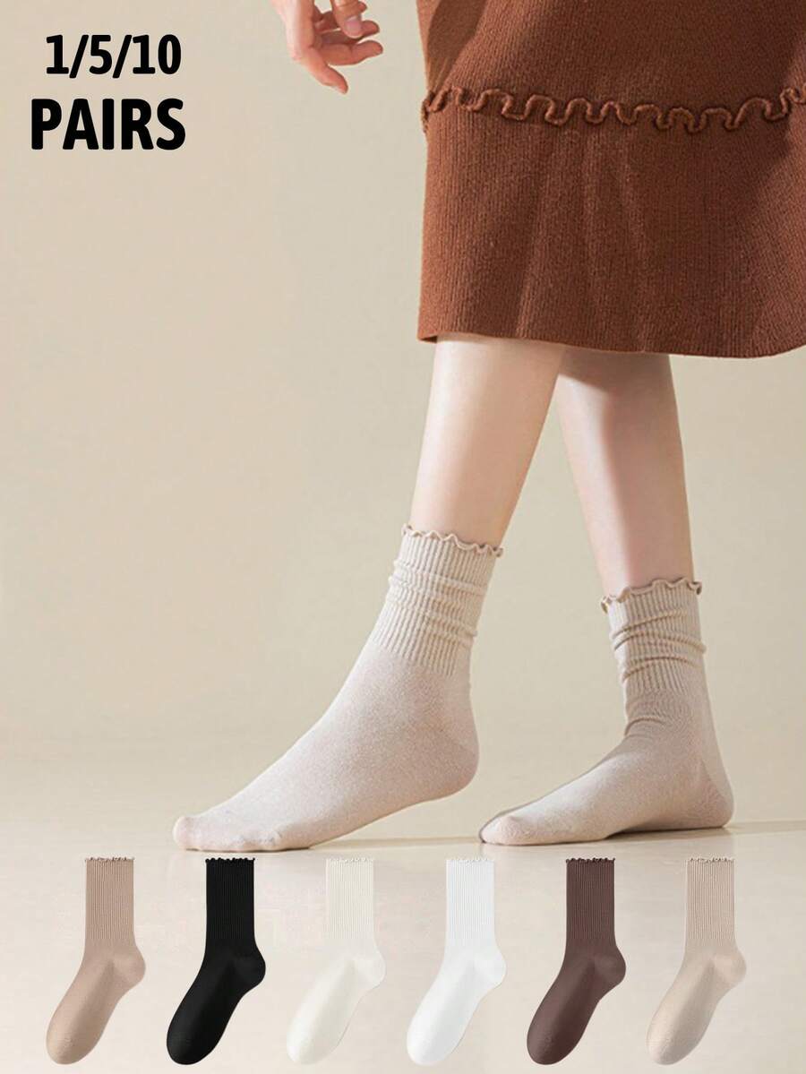 1/5/10 Pasang Kaos Kaki Wanita Musim Gugur dengan Manset Berkerut, Kaos Kaki Setengah Betis Bergaris Netral untuk Pakaian Sehari-hari Kembali ke Sekolah - MultiWarna - View 1