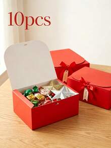 10pcs Red Gift Boxes With Red Ribbon, 10.6*7.8*3.1 Inch Decorative Gift Boxes, Wedding Favor Boxes, Valentine's Day And Holiday Party Gift Boxes, Suitable For Christmas, Halloween Gifts, For Parents And Friends - Red - View 3