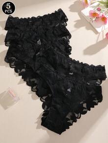 5pcs Set Solid Color Floral Lace Print Scalloped Design Comfortable Sexy Women's Triangle Panty Set, Suitable For Daily And Special Occasions - Multicolor - View 6