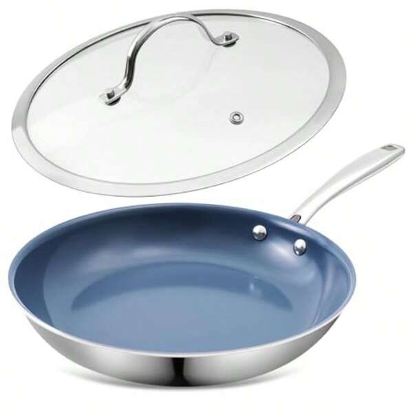 10 Inch Stainl Steel Ceramic Non Stick Frying Pan Skillet With Lid - , Oven  550°F, Dishwasher , Induction Compatible, For Searing Steaks, Cooking Eggs And All Stovetops