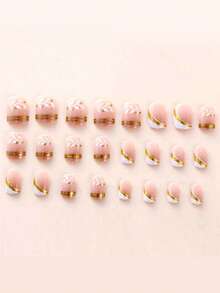French Nail Patches, Short Square Nude Fake Nails, White French Tip With Minimalist Gold Line Design, Glossy Gel Polish Acrylic Nails, Natural Reusable Nail Glue Set, Nail Supplies - Multicolor - View 2