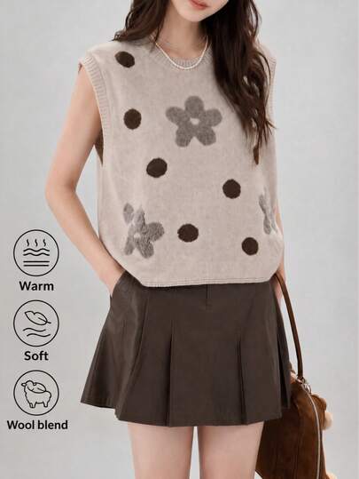 Damen Herbst/Winter Wollmischung Strick Einfach Lässig Süß Polka Dot & Blumenmuster Rundhals Pullover Strickweste