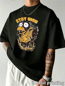 T-shirt oversize da uomo "STAY HIGH" con stampa grafica di corvo cartoni animati, casual, maniche corte, girocollo, stile street, vestibilità ampia e comoda, in cotone, maglietta estiva per uomo D - nero - Visualizzare 2