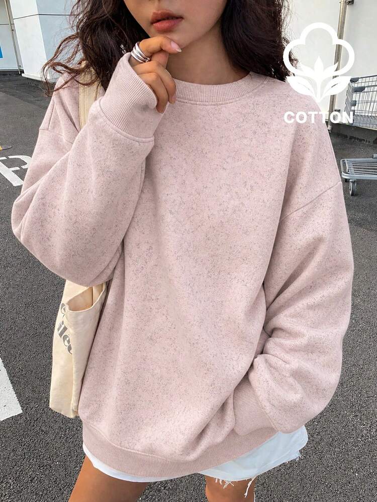 Sweatshirt Wanita Warna Pink Bertekstur Katun dengan Kerah Bulat, Pullover Lengan Panjang Model Bahu Longgar Ukuran Besar untuk Gaya Streetwear Musim Gugur ala Gadis Keren - Berwarna merah muda - View 4