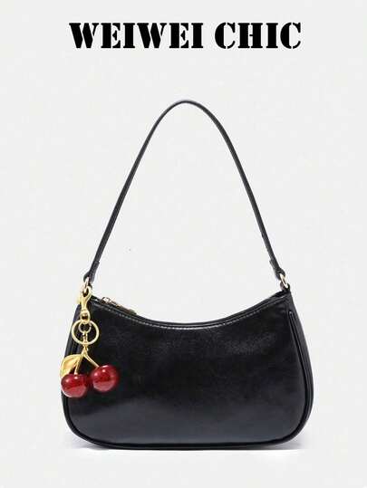 Black Smooth PU Shoulder Bag, Slim Strap Underarm Bag With Detachable Cherry Pendant For Women Daily Matching