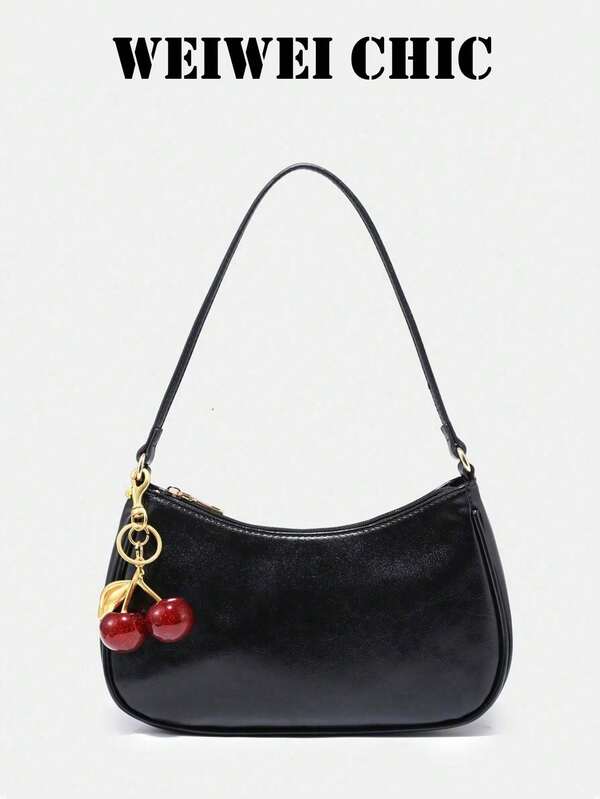 Black Smooth PU Shoulder Bag, Slim Strap Underarm Bag With Detachable Cherry Pendant For Women Daily Matching