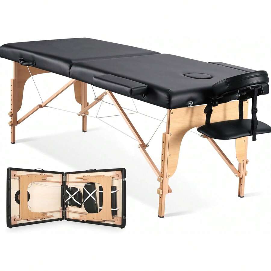 24" Wide 2 Fold Portable Lash Massage Bed, Height Adjustable Wooden Spa Tattoo Facial Table With Face Cradle & Carry Bag, Heavy Duty Salon Equipment Holds 496 Lbs, Black - Black - View 1