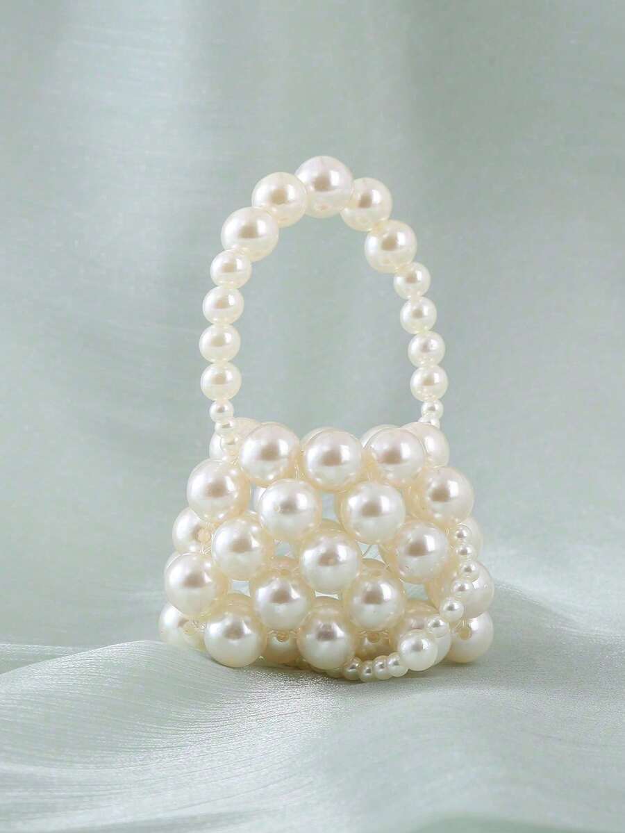 1 buah Tas Tangan Anyaman Manik-Manik Mini Warna Beige, Tas Tangan Kecil Mutiara Bergaya Musim Panas, Clutch Manik-Manik - Krem - View 1
