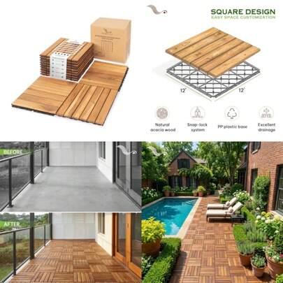 Acacia 12x12 Interlocking Wood Deck Tiles For Balcony, Garden, Patio, Poolside Decor - Waterproof Indoor And Outdoor Flooring - Square Joints 9