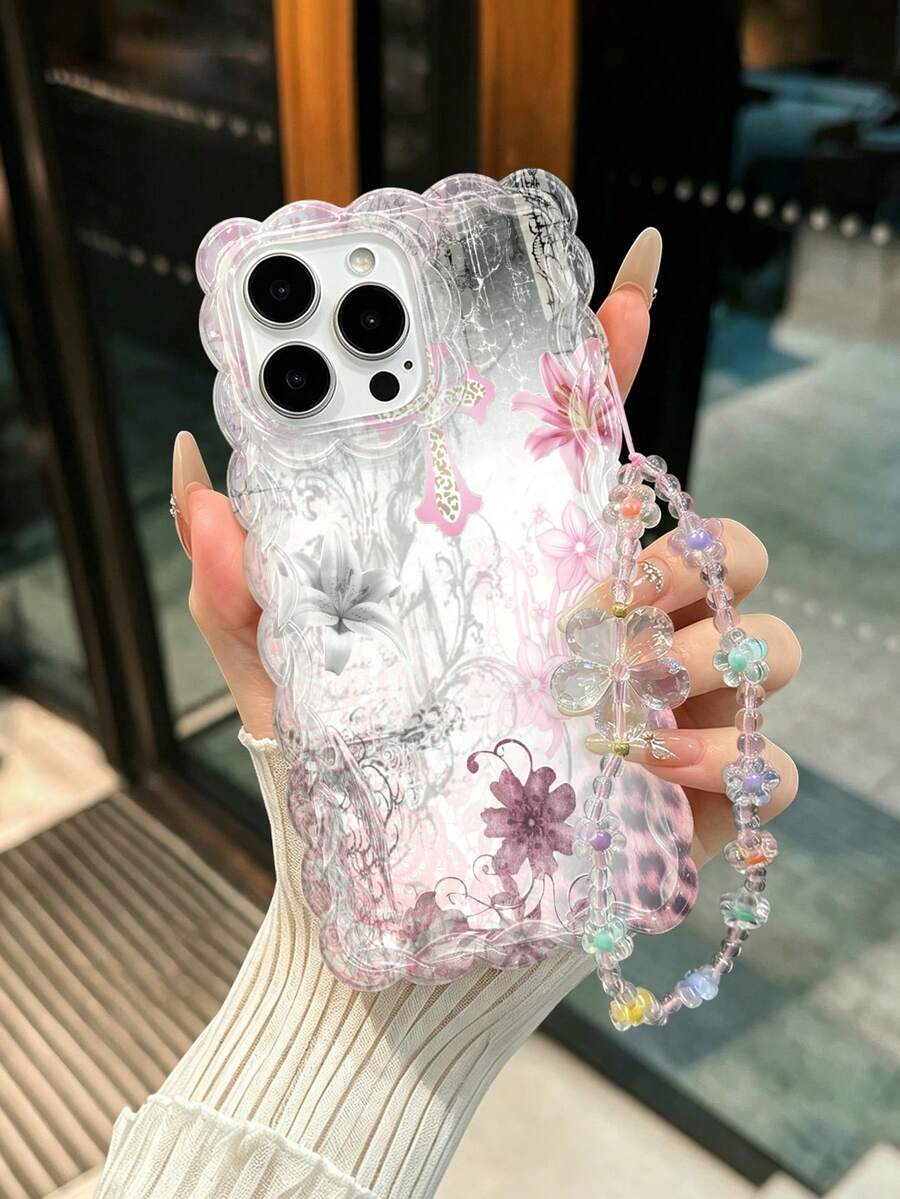 1 buah Casing Ponsel Transparan Tinggi TPU Tahan Guncangan Silikon Lembut Tepi Bergelombang dengan Motif Bunga Lili Gradien Merah Muda-Abu-abu, Dilengkapi Tali Gantungan Manik-manik Bunga Berkilau, Kompatibel dengan Semua Model Apple, Gaya Gadis Keren Manis Y2K - MultiWarna - View 1