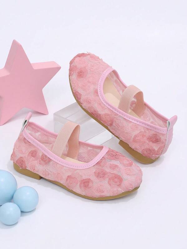 Girls' Pink 3D Rose Mesh Elastic Strap Shoes, Soft Sweet Princess Shoes, Suitable For All Seasons Formal Wear And Casual Outings