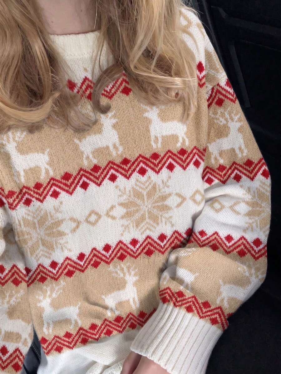 1pc Girls/Teens Christmas Gift Cute Reindeer & Snowflake Round Neck Sweater, Spring/Autumn/Winter - Multicolor - View 1