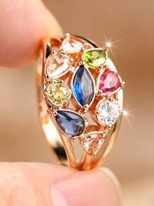 1 Stylish Women's Ring With A Multi-Layered, Openwork Design And A Wide Band Set With Stones-Perfect For Vacation Outfits And As A Birthday Gift - Golden Yellow + Color - View 8