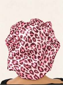 7cm Wide Elastic Fabric Sleep Cap/Wig Cap/Satin Cap, Butterfly Leopard Print Satin Round Cap, Back To School Essential, Unisex - Pink - View 4