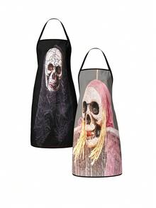 2Pcs Punk Halloween Skull Apron Set, Gas Mask Pilot Goggles King Crown Paisley Tattoo Pattern Skeleton Kitchen Apron, Waterproof Oilproof Cooking Bib With Paint Blood Splatter, Gothic Streetwear Style Halloween Party Costume Gift For Women Men - Multicolor - View 2