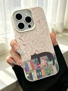 1pc Hand Drawn Sleeping Black Cat Colorful Bookshelf Pink Floral Printed Off White Leather Grain Phone Case Compatible With Apple Apple17/16/11/12/13/14/15/15Pro/15Plus/15ProMax/7Plus/8Plus/X/XsMax/Xr/11Pro/13Pro/14Pro/11ProMax/12ProMax/13ProMax/16ProMax/17Pro/17e/17ProMax&Galaxy S20FE/S21FE/S22/S22UITRA/S25/S25FE/S26/S26Uitra/A05s/A06/A07/A14/A17/A25/A26/A34/A35/A36/A53/A54/A55/A56/A57 - Multicolor - View 3