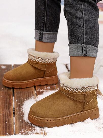 1 Pair Kids Brown Embroidered Trim Plush Lined Snow Boots, Slip-On Thick Sole Ankle Boots, Unisex Children Winter Daily Outdoor Wear