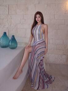 Top Dazzle Women's Sexy Knitted Halter Neck Backless Sleeveless A-Line Slit Maxi Dress, Medium Stretch Fabric - White - View 4