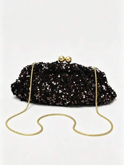 SEQUIN CLUTCH BAG, New Luxury Design Handbag For Ladies Elegant, Spacious Clip Bag With Chains, Women's Fashion Shoulder Bag