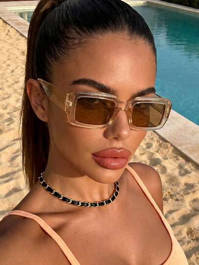 1 Pair Women's Champagne Rectangular Fashion Sunglasses, Suitable For Outdoor Travel, Beach And Vacation, Cycling, Rafting, Hiking, Skiing, Fishing