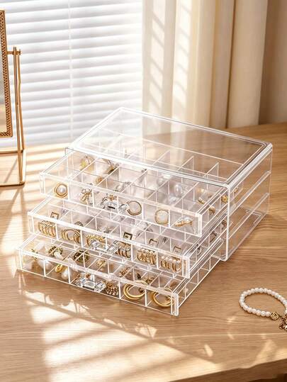 Minimalist Transparent Acrylic Desktop Organizer With Tiered Design, Bottom Layer Multi-Compartment Storage For Jewelry And Accessories, Top Layer Storage For Makeup Tools And Skincare Products, Dust-Proof Storage Box